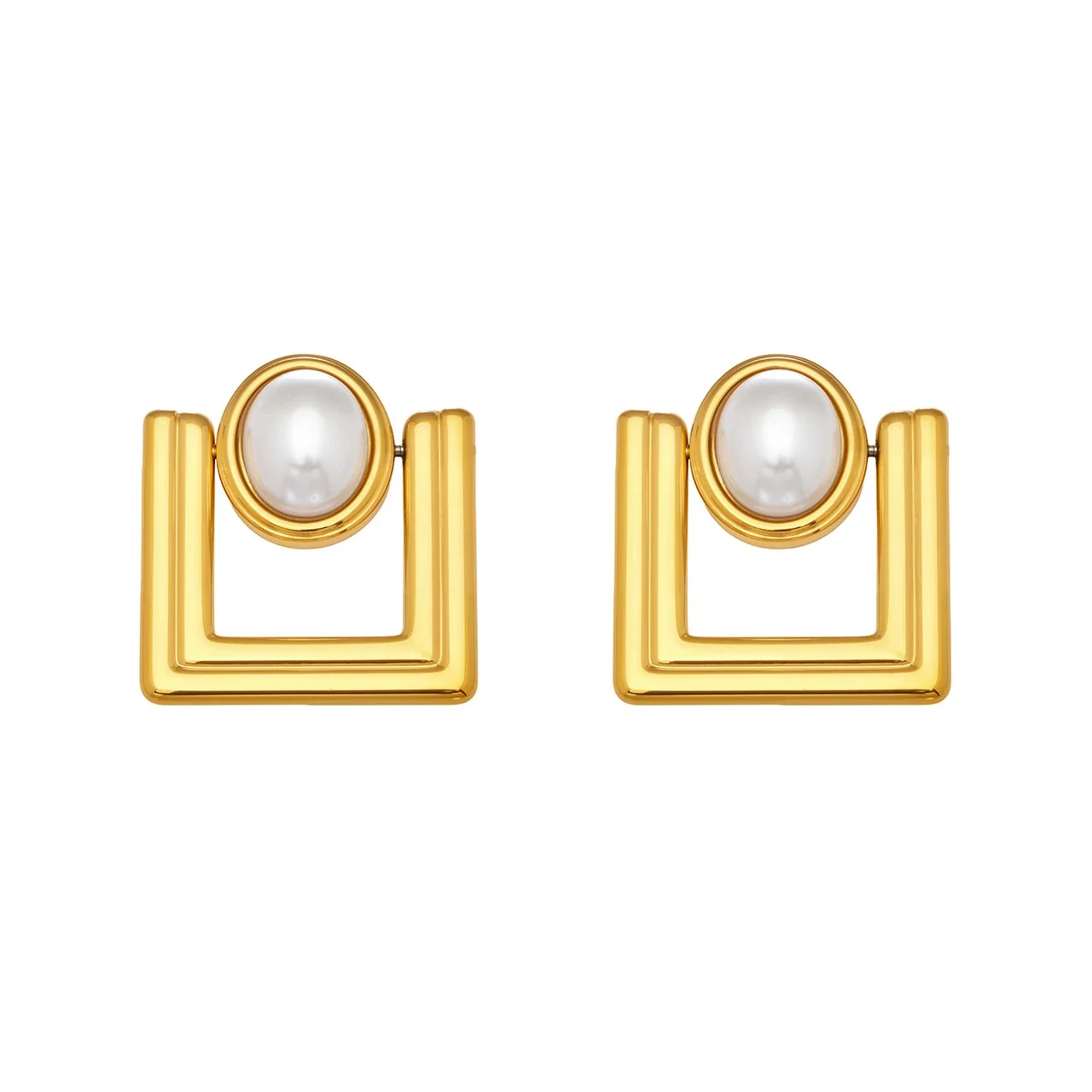 Architectural 18K Gold-Plated U-Frame Oval Bead Earrings
