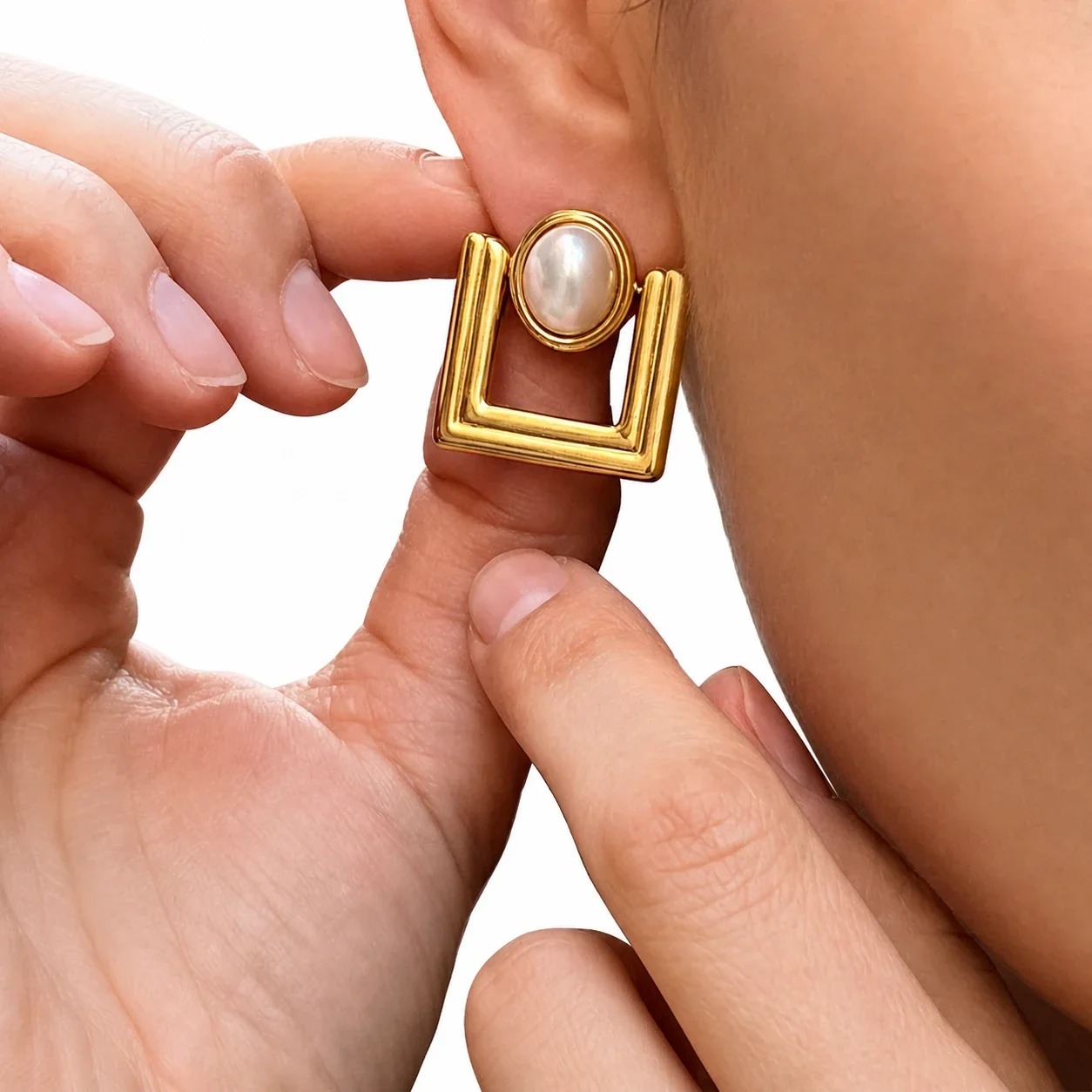 Architectural 18K Gold-Plated U-Frame Oval Bead Earrings