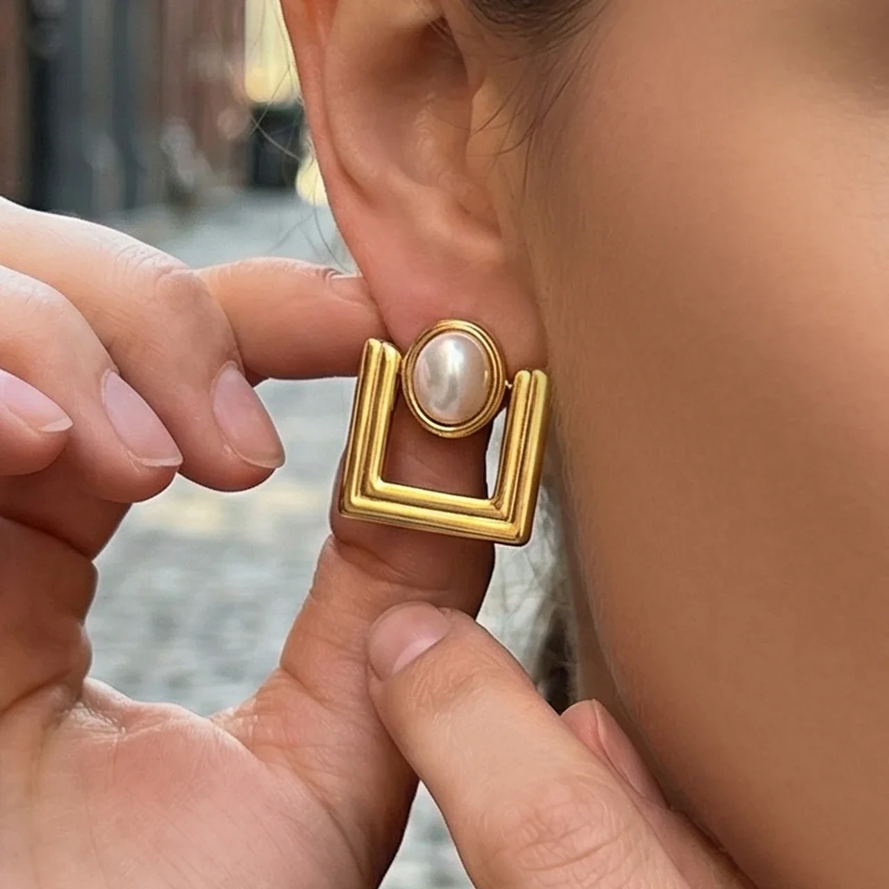 Architectural 18K Gold-Plated U-Frame Oval Bead Earrings