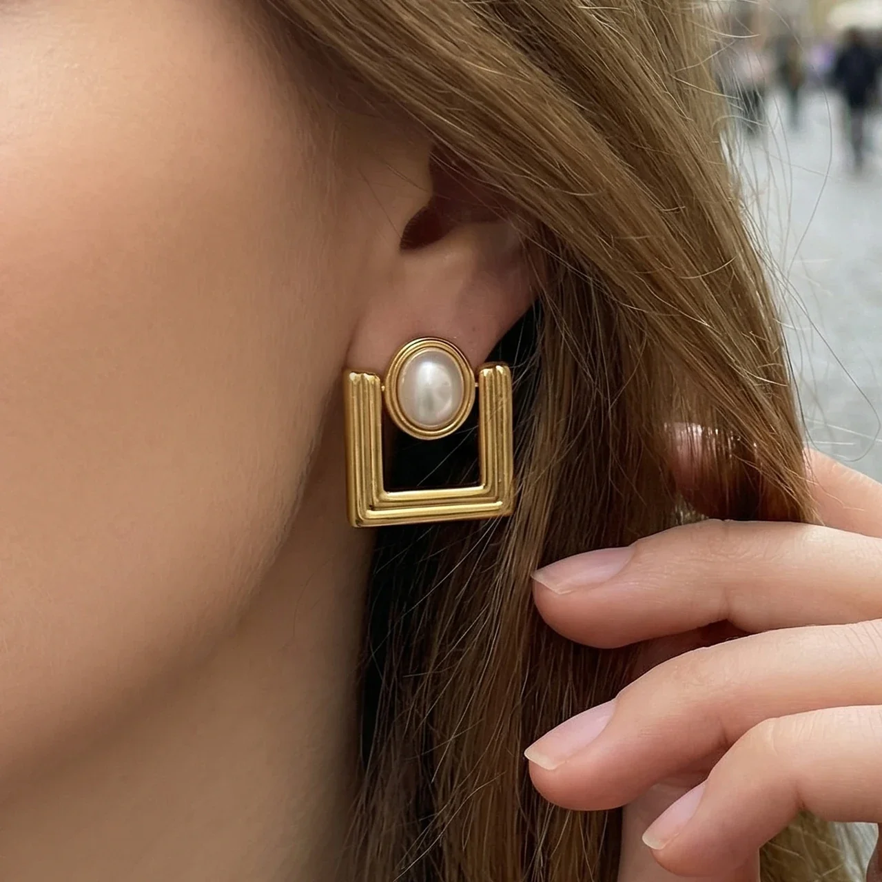 Architectural 18K Gold-Plated U-Frame Oval Bead Earrings