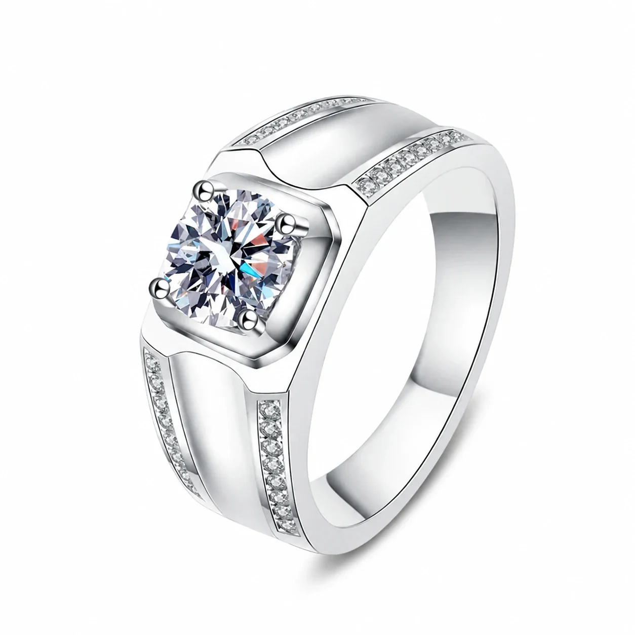 Architectural 925 Sterling Silver Round Prong Moissanite Ring