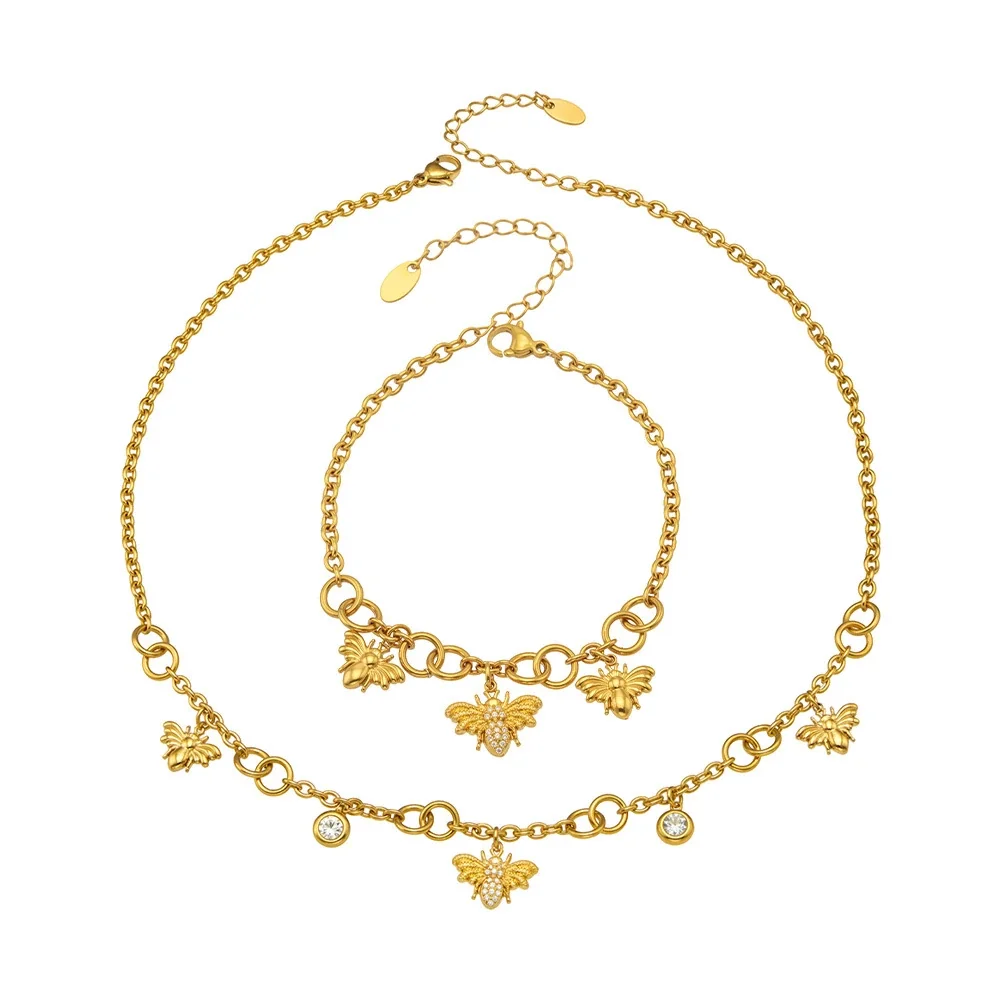 Bee Charm 18K Gold-Plated Stainless Steel Link Jewelry Set