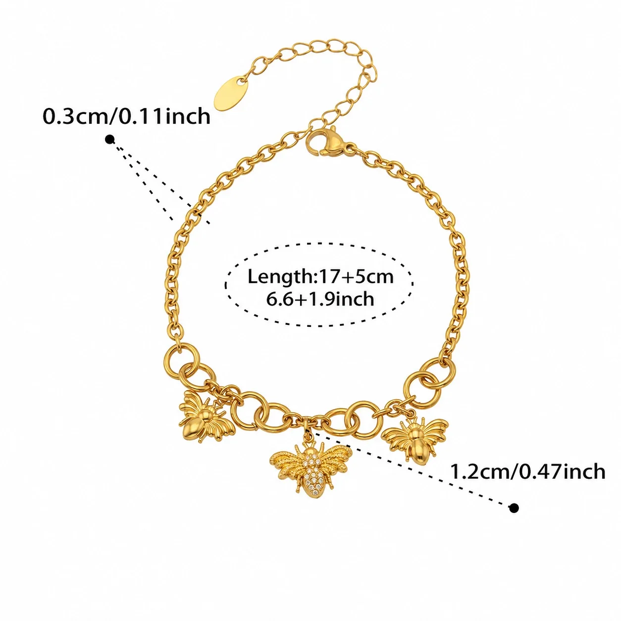 Bee Charm 18K Gold-Plated Stainless Steel Link Jewelry Set - Gold 17+5 cm