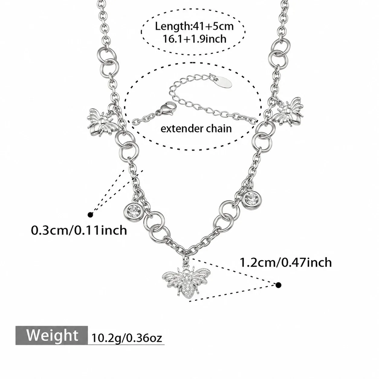 Bee Charm 18K Gold-Plated Stainless Steel Link Jewelry Set - Silver 41+5 cm