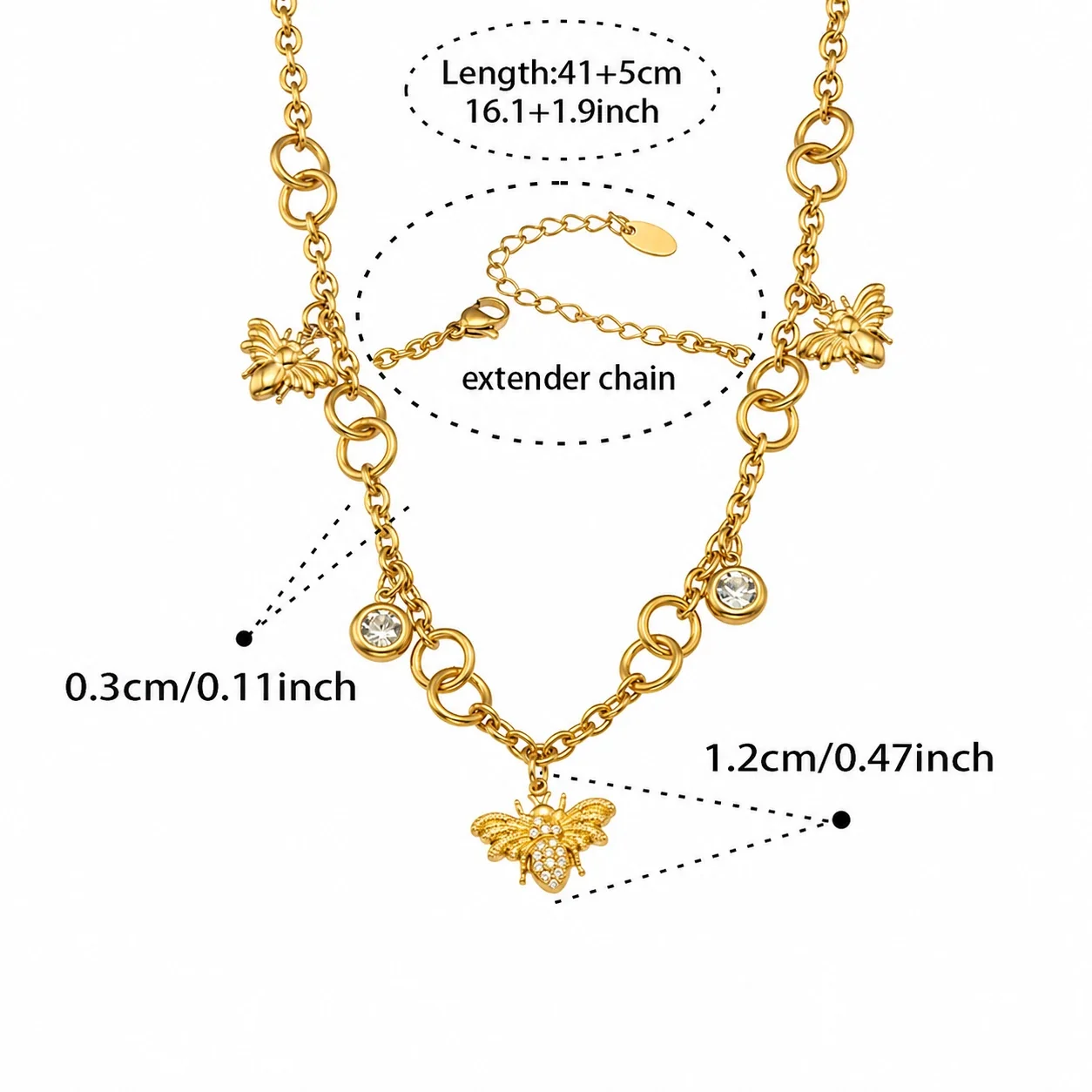 Bee Charm 18K Gold-Plated Stainless Steel Link Jewelry Set - Gold 41+5 cm