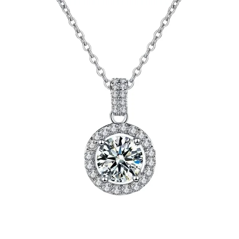 Luminous 925 Sterling Silver Pavé Halo Round Moissanite Necklace