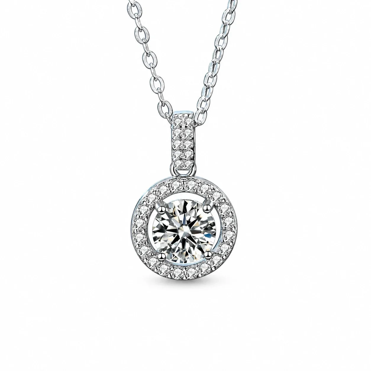 Luminous 925 Sterling Silver Pavé Halo Round Moissanite Necklace