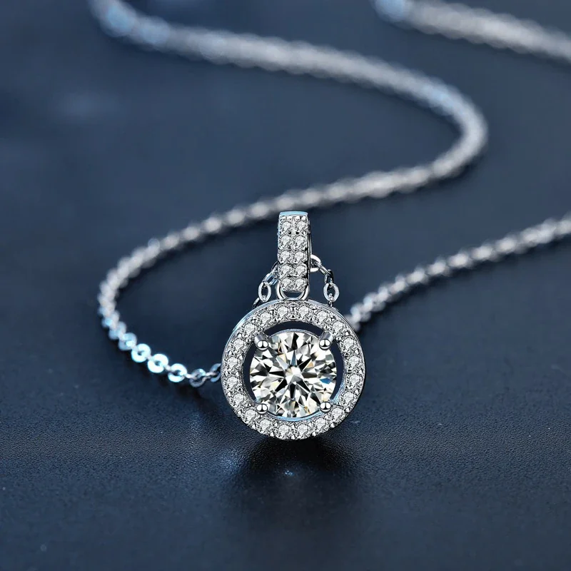 Luminous 925 Sterling Silver Pavé Halo Round Moissanite Necklace