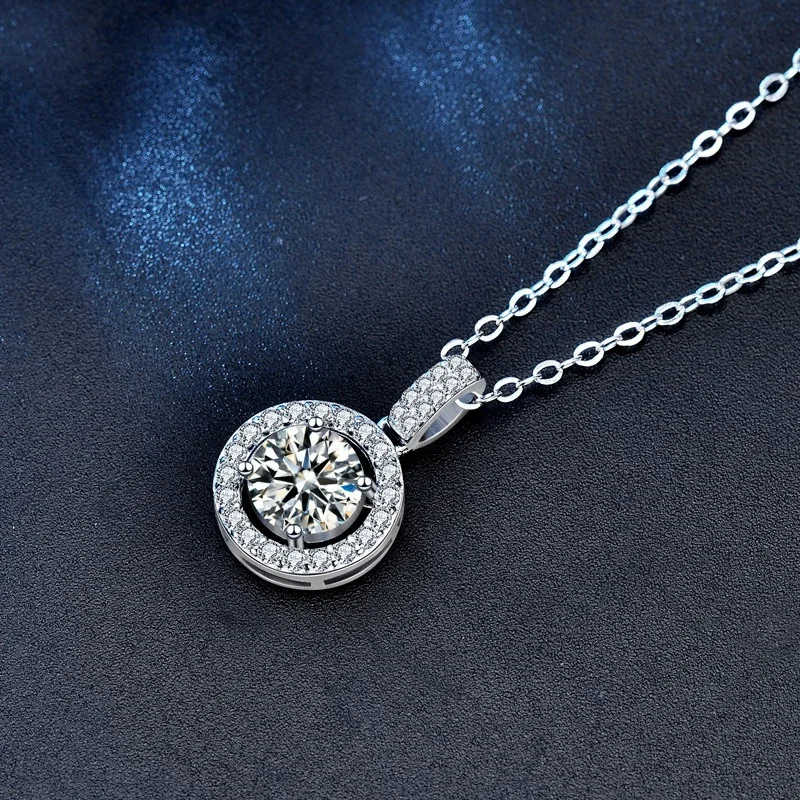 Luminous 925 Sterling Silver Pavé Halo Round Moissanite Necklace