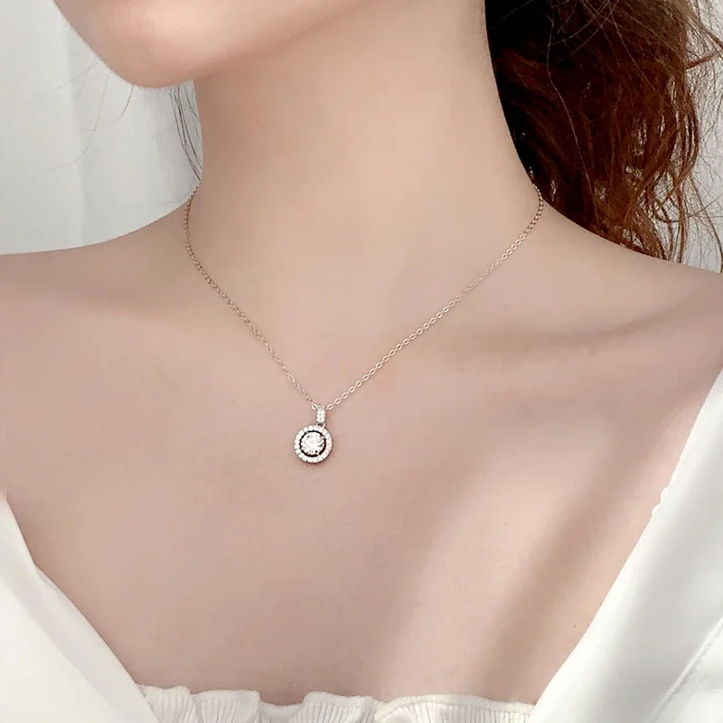 Luminous 925 Sterling Silver Pavé Halo Round Moissanite Necklace