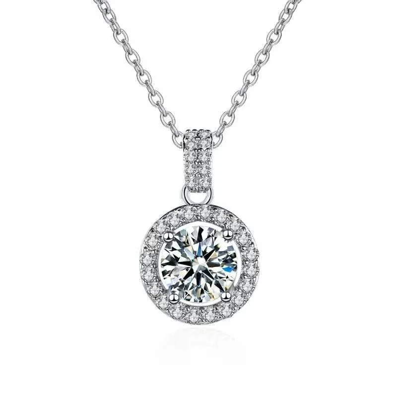 Luminous 925 Sterling Silver Pavé Halo Round Moissanite Necklace - 1 ct Moissanite