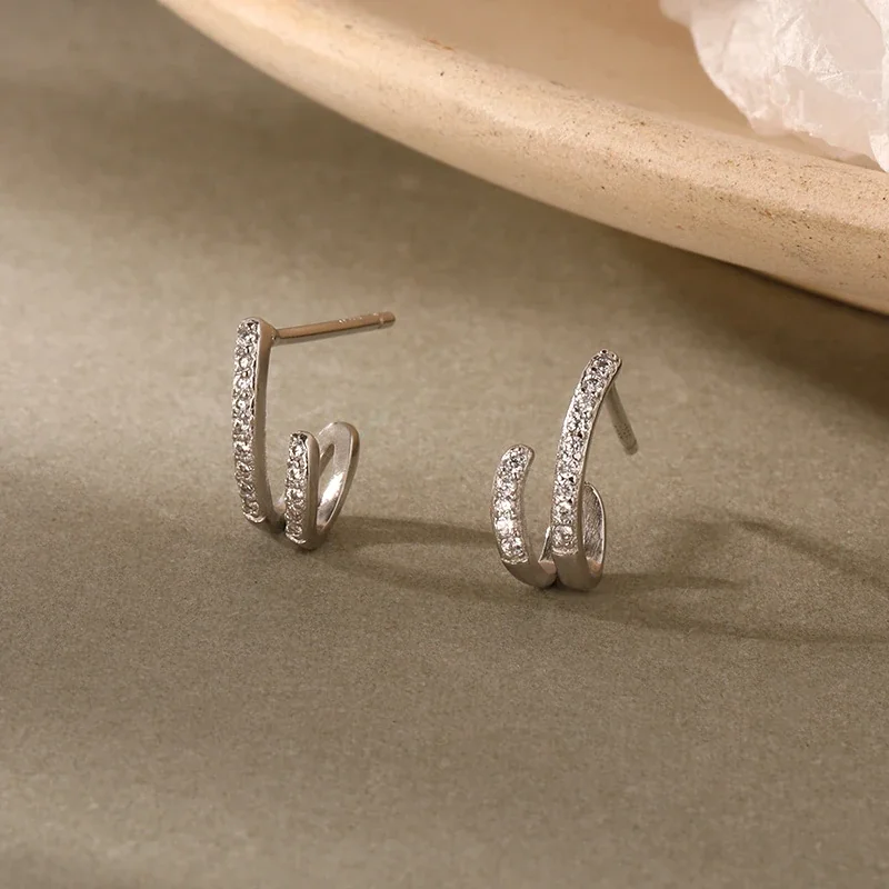 Sculptural 925 Sterling Silver Pavé Double-Hoop Earrings