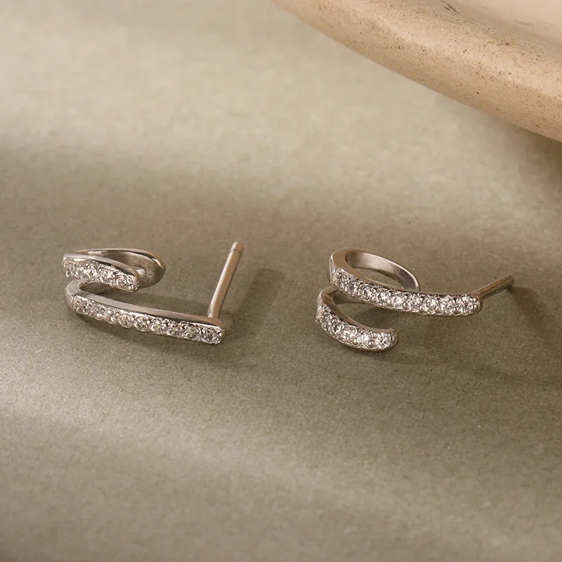 Sculptural 925 Sterling Silver Pavé Double-Hoop Earrings - Silver