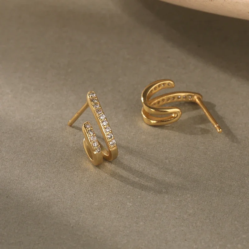 Sculptural 925 Sterling Silver Pavé Double-Hoop Earrings - Gold