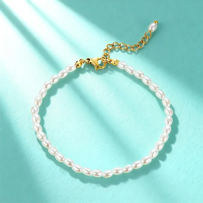 Luminous 18K Gold-Plated Oval Pearl Bead Bracelet - Gold Floral