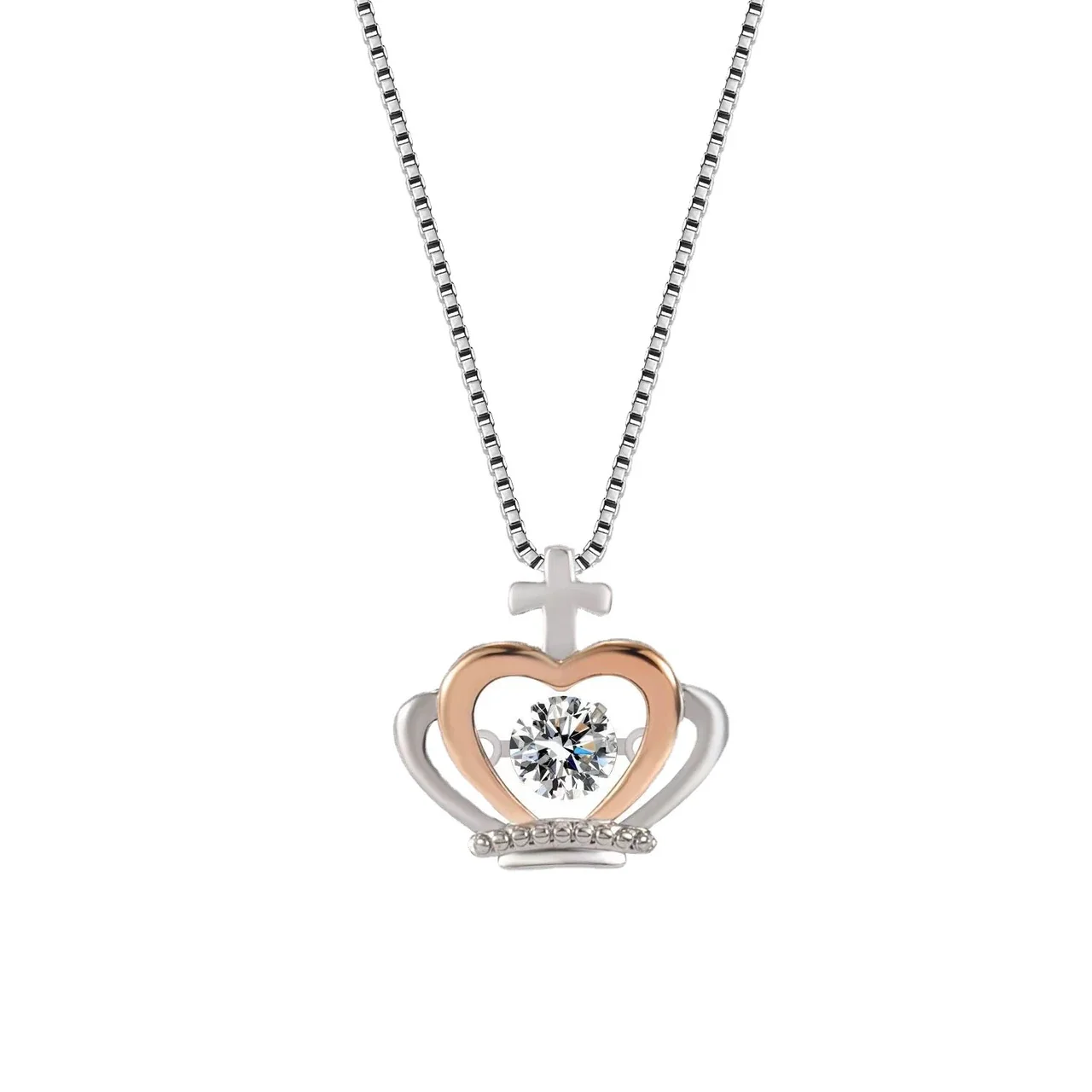 Two-Tone Crown Heart Cross 925 Sterling Silver Pendant Necklace