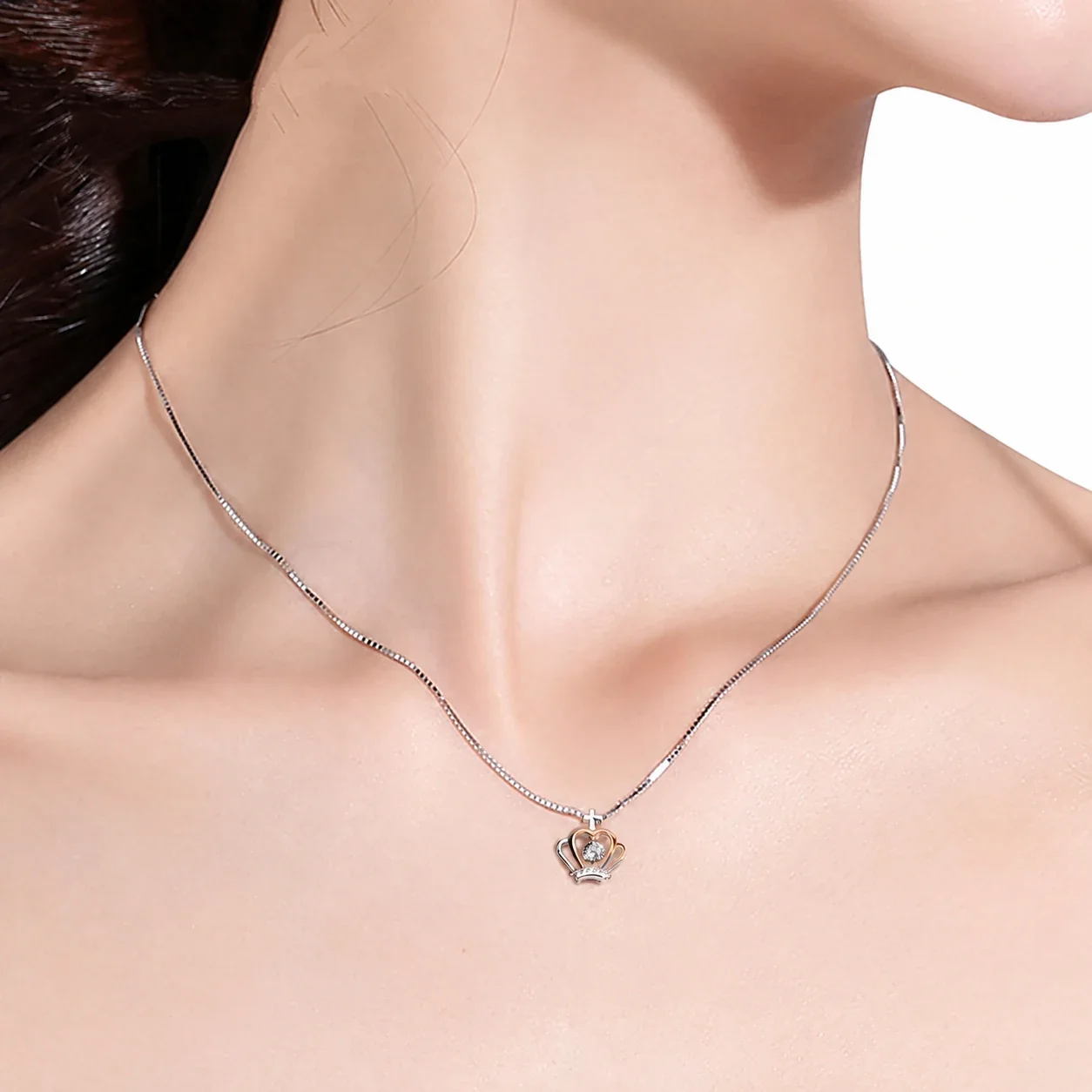 Two-Tone Crown Heart Cross 925 Sterling Silver Pendant Necklace