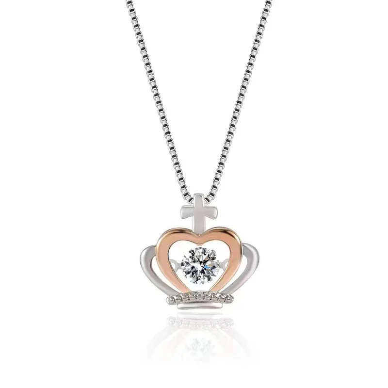 Two-Tone Crown Heart Cross 925 Sterling Silver Pendant Necklace - Two-Tone