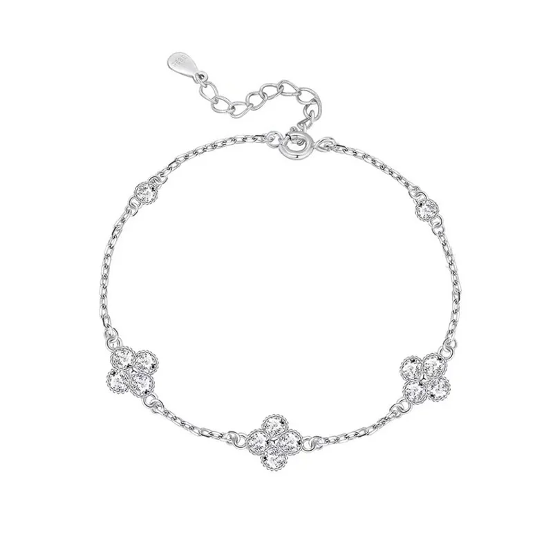 Delicate 925 Sterling Silver Three-Clover Pavé Bracelet