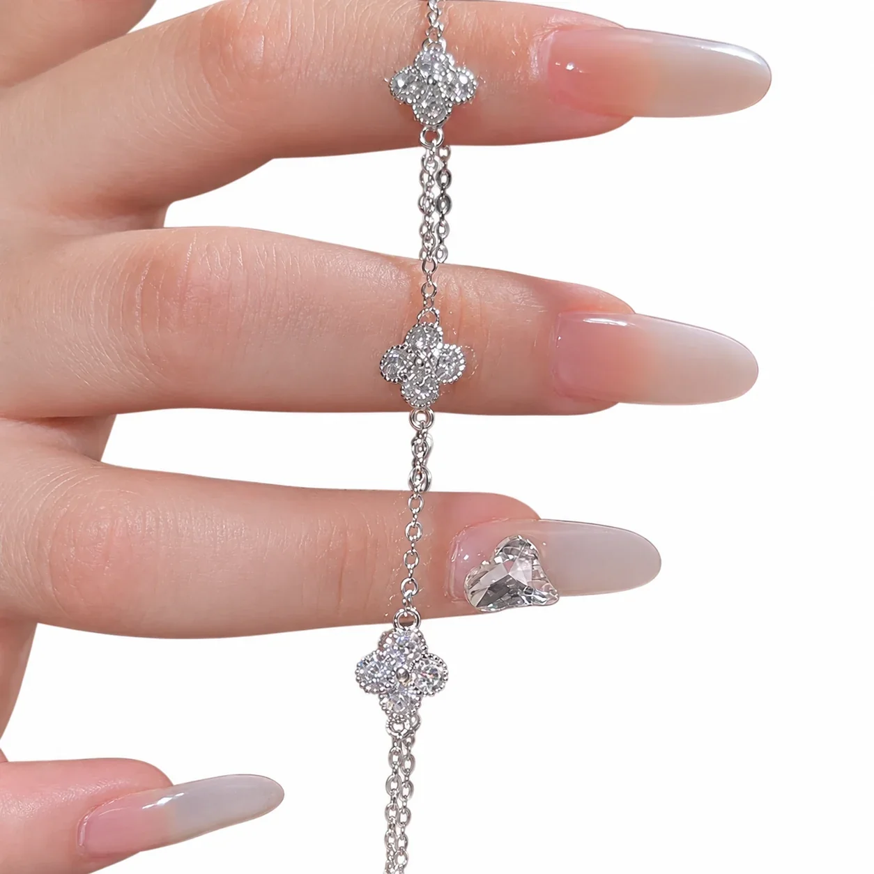 Delicate 925 Sterling Silver Three-Clover Pavé Bracelet