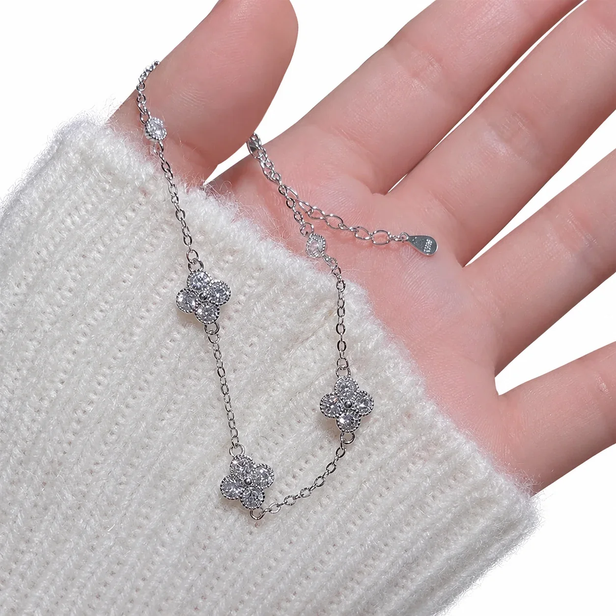 Delicate 925 Sterling Silver Three-Clover Pavé Bracelet