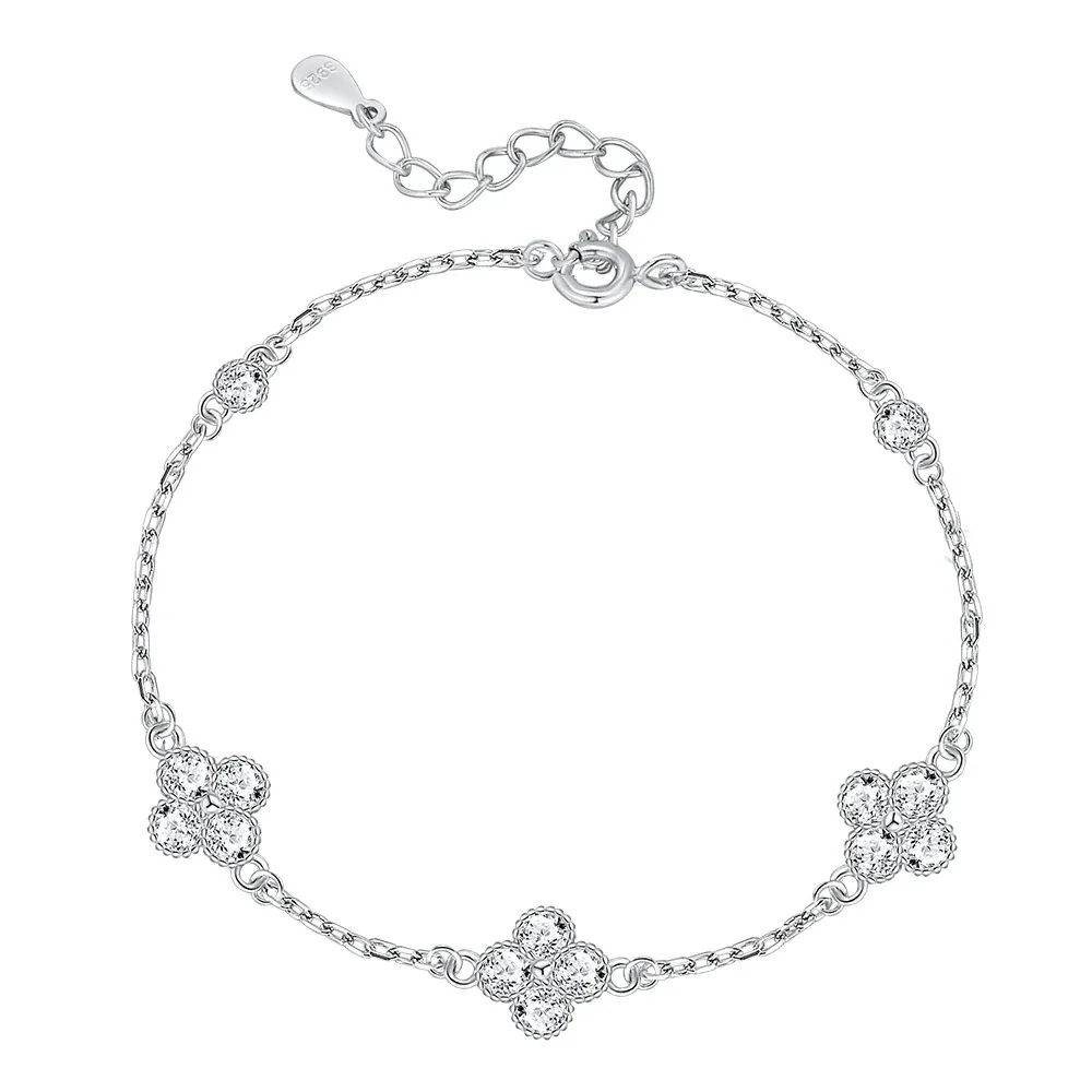 Delicate 925 Sterling Silver Three-Clover Pavé Bracelet - Silver