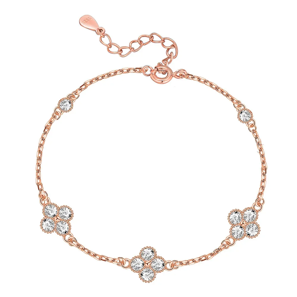 Delicate 925 Sterling Silver Three-Clover Pavé Bracelet - Rose Gold