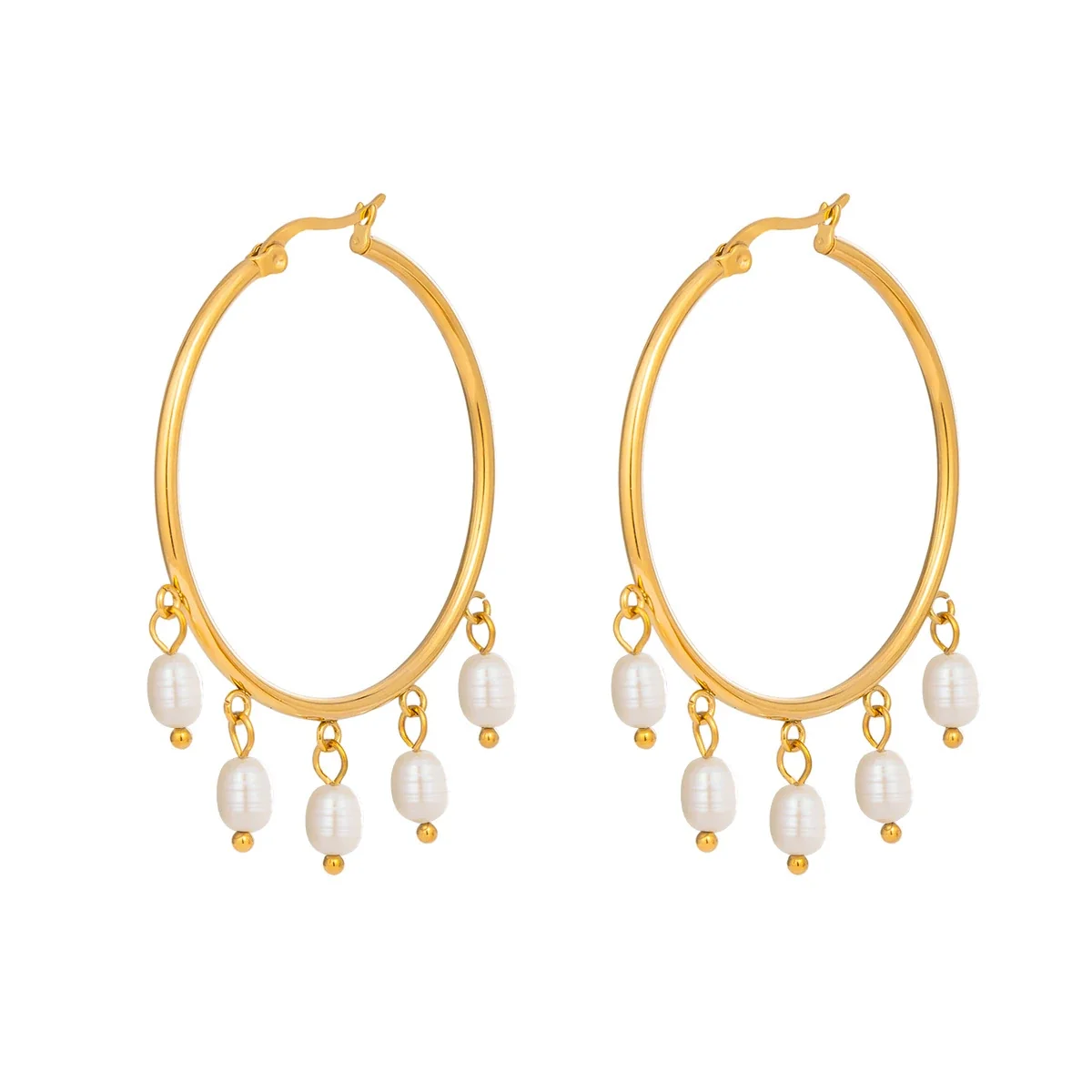 Graceful Gold-Plated Five Freshwater Pearl Fringe Hoop Earrings