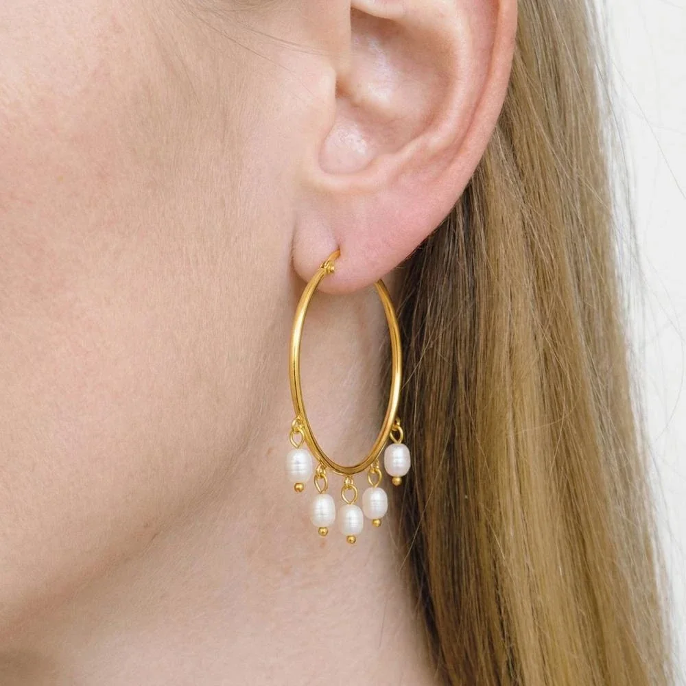 Graceful Gold-Plated Five Freshwater Pearl Fringe Hoop Earrings