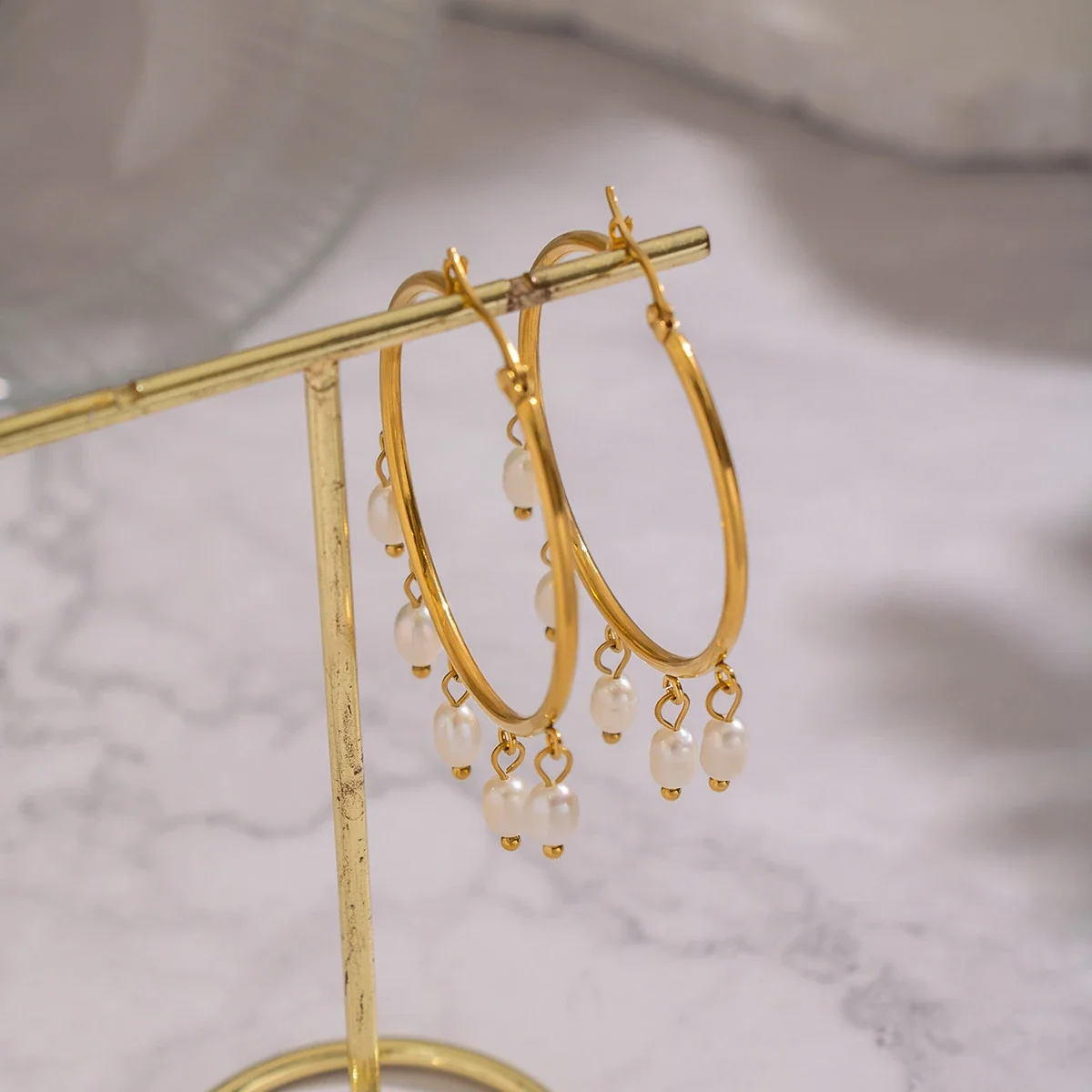Graceful Gold-Plated Five Freshwater Pearl Fringe Hoop Earrings