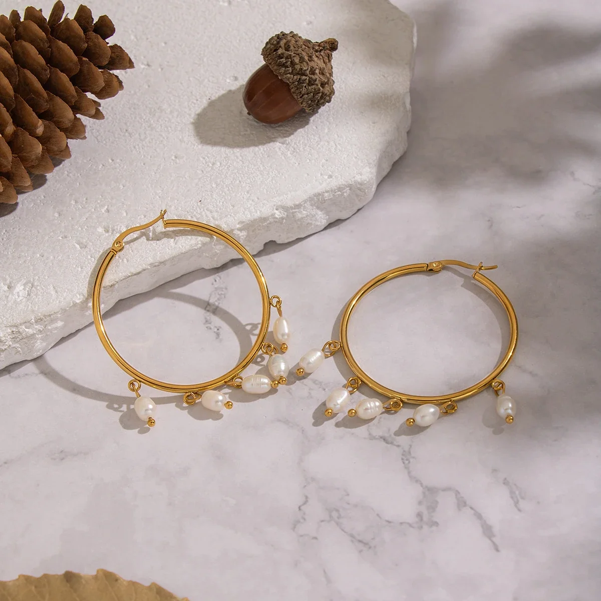 Graceful Gold-Plated Five Freshwater Pearl Fringe Hoop Earrings