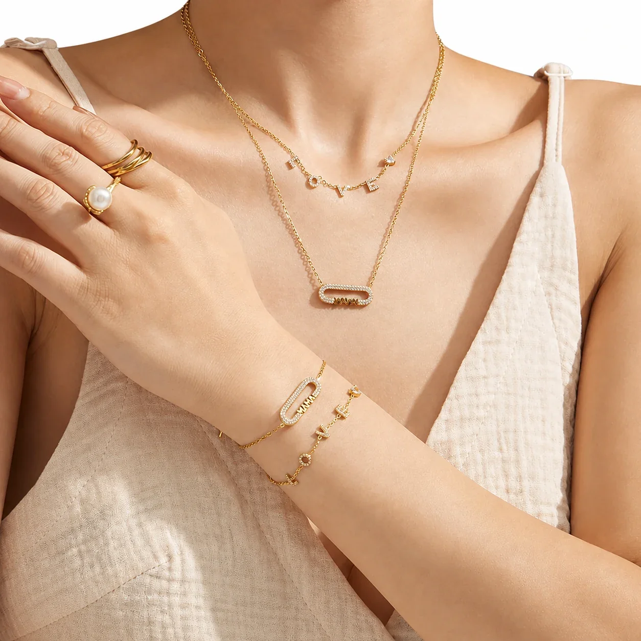 LOVE Letter 18K Gold-Plated CZ Chain Jewelry Set