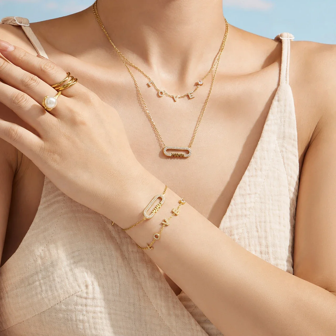LOVE Letter 18K Gold-Plated CZ Chain Jewelry Set
