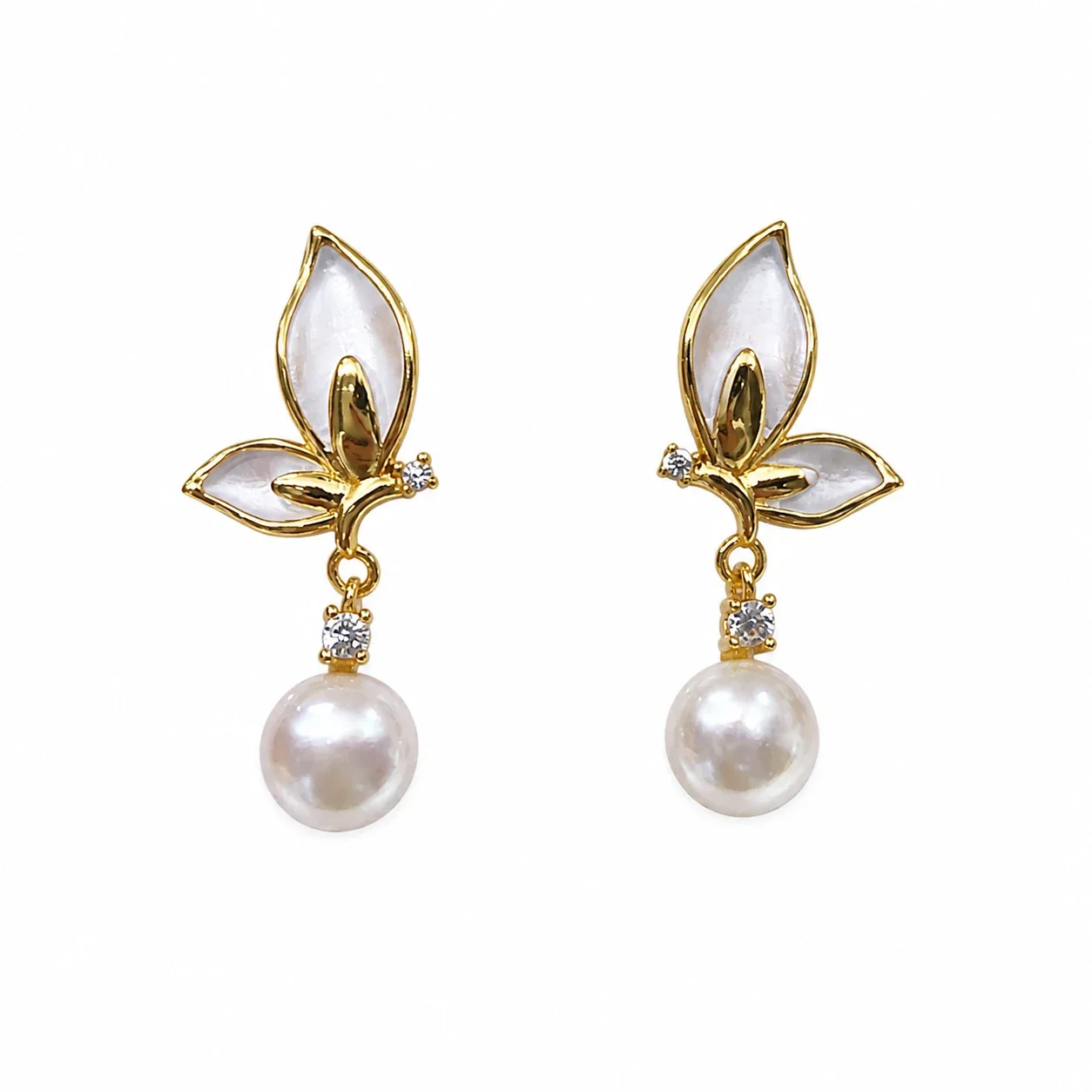Delicate Gold-Plated Enamel Butterfly Freshwater Pearl Drop Earrings