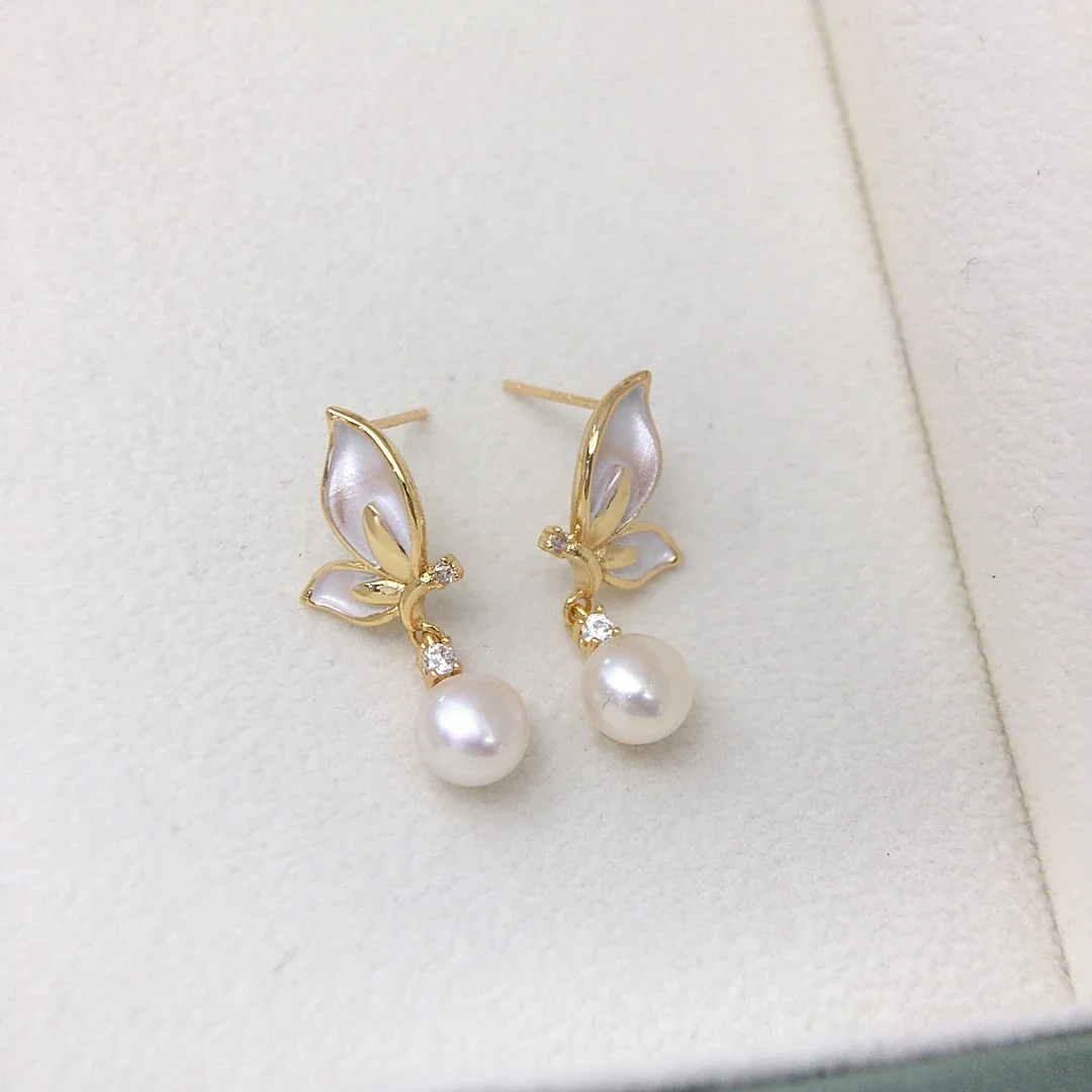 Delicate Gold-Plated Enamel Butterfly Freshwater Pearl Drop Earrings