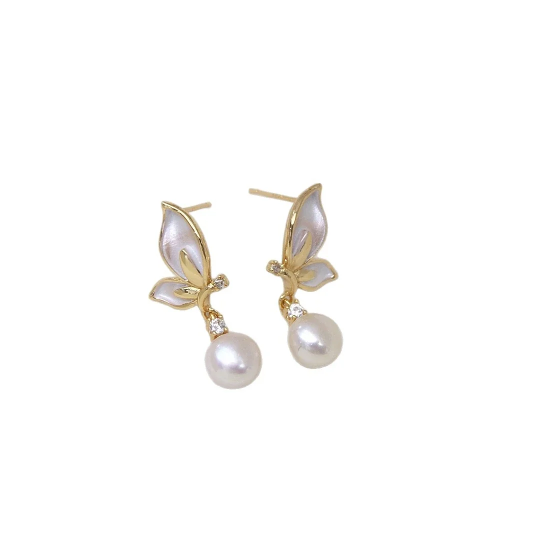Delicate Gold-Plated Enamel Butterfly Freshwater Pearl Drop Earrings
