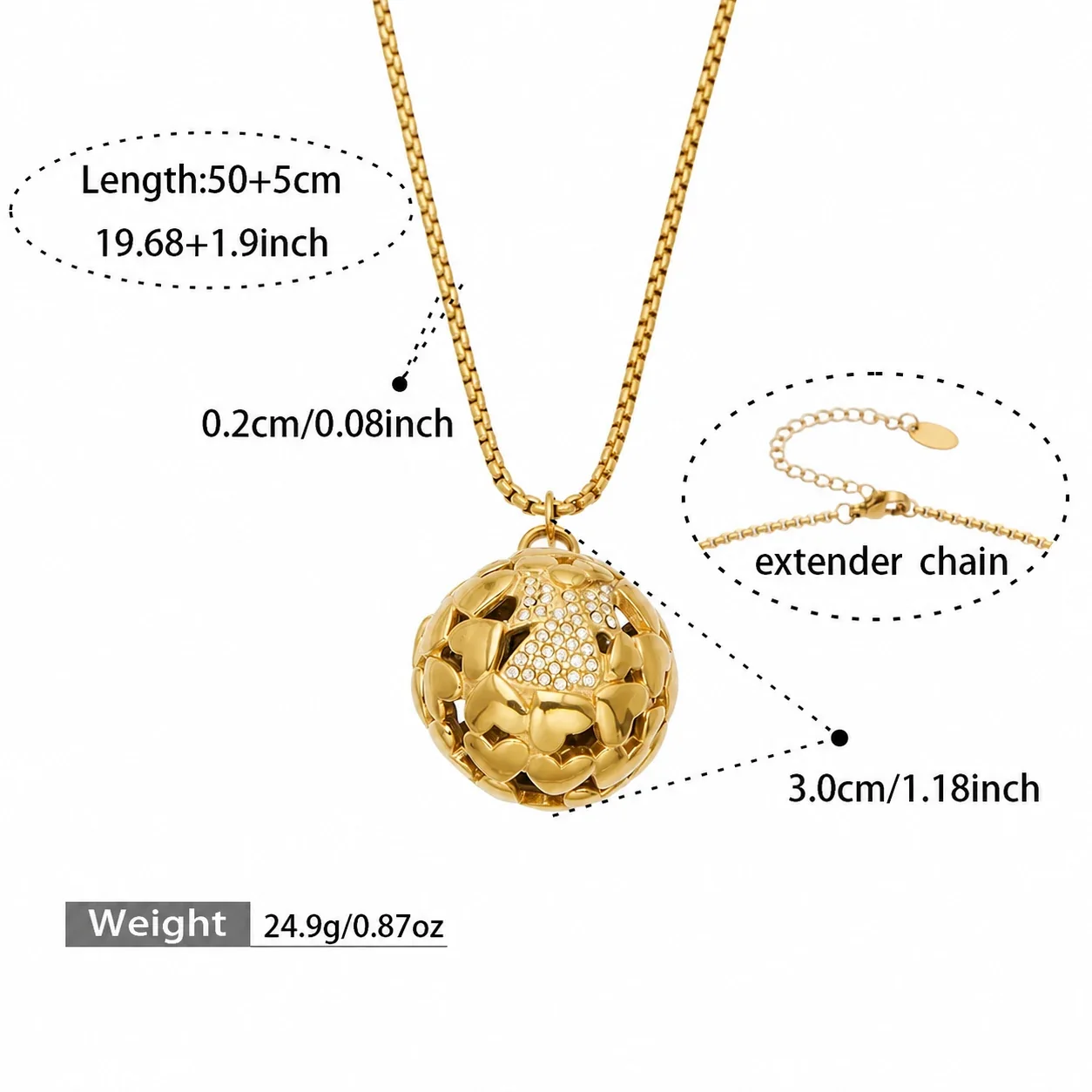 Radiant Scalloped Ball Stainless Steel Pendant Necklace - Silver Bell CZ 50+5 cm