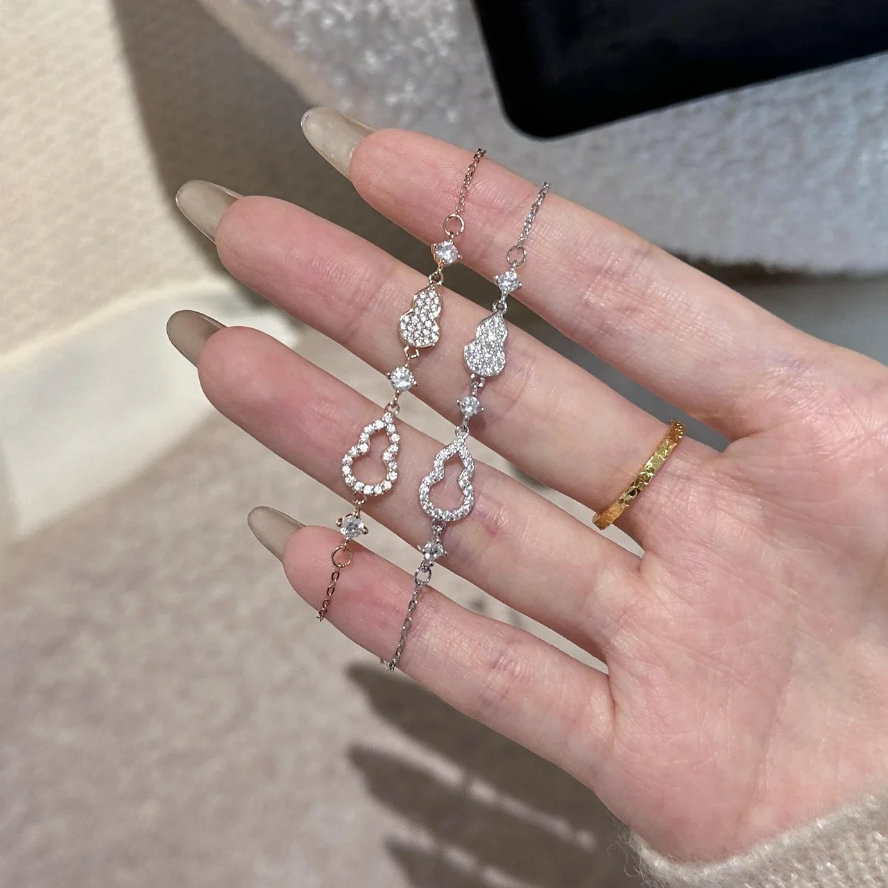Whimsical 925 Sterling Silver Pavé Gourd Motif Bracelet