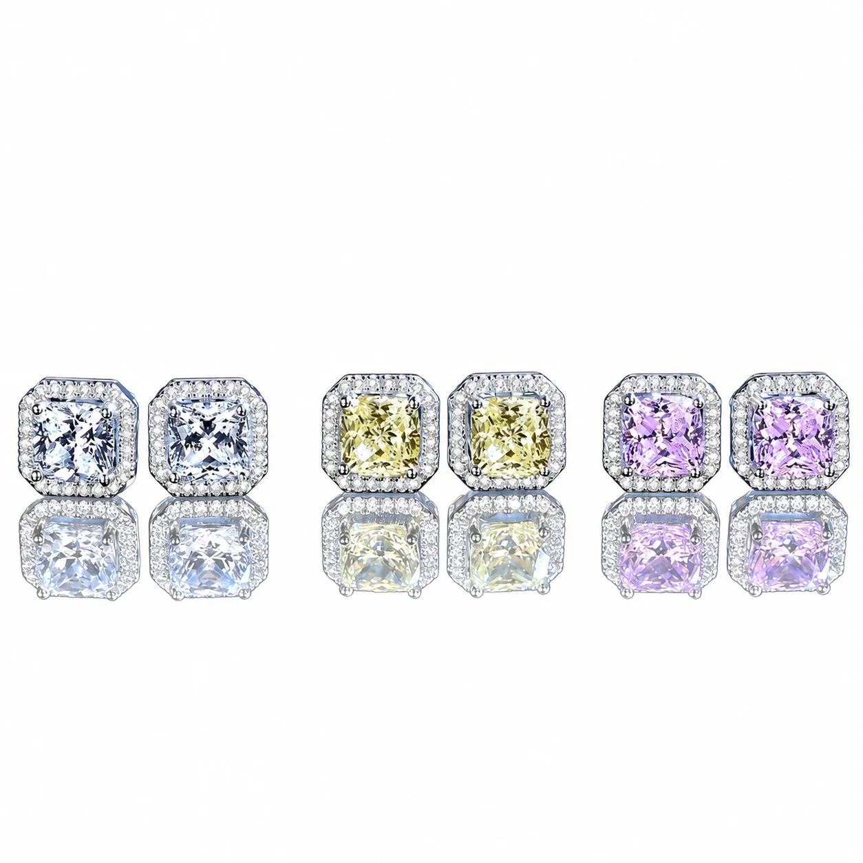 Radiant Halo Four-Prong 925 Sterling Silver Stud Earrings