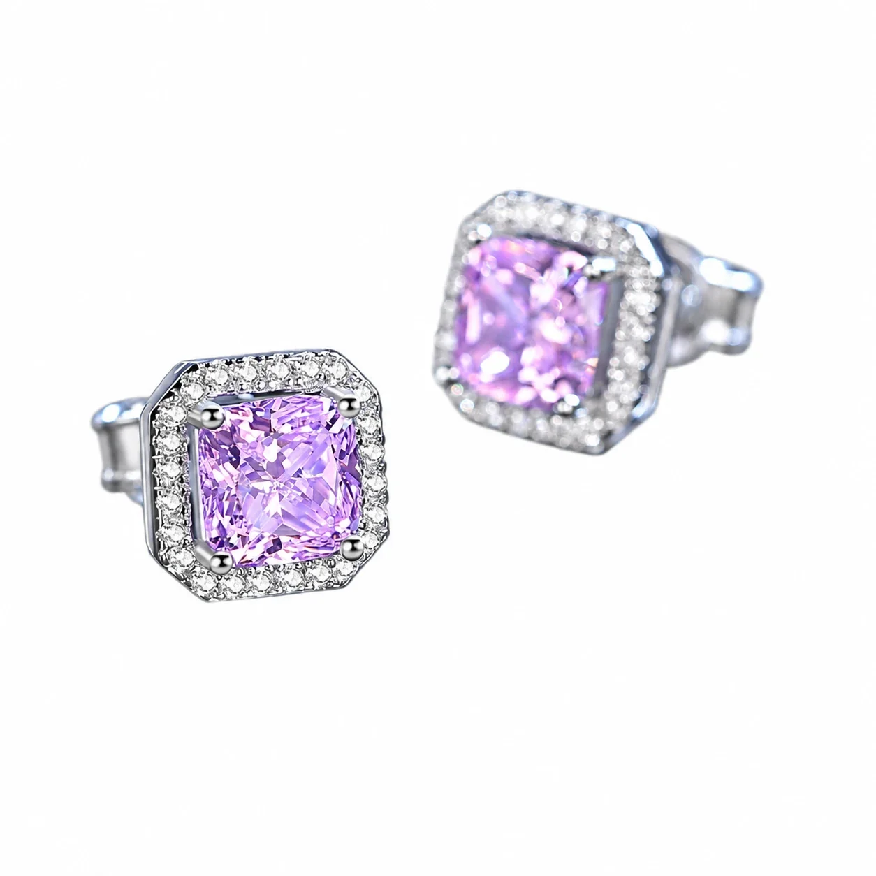 Radiant Halo Four-Prong 925 Sterling Silver Stud Earrings