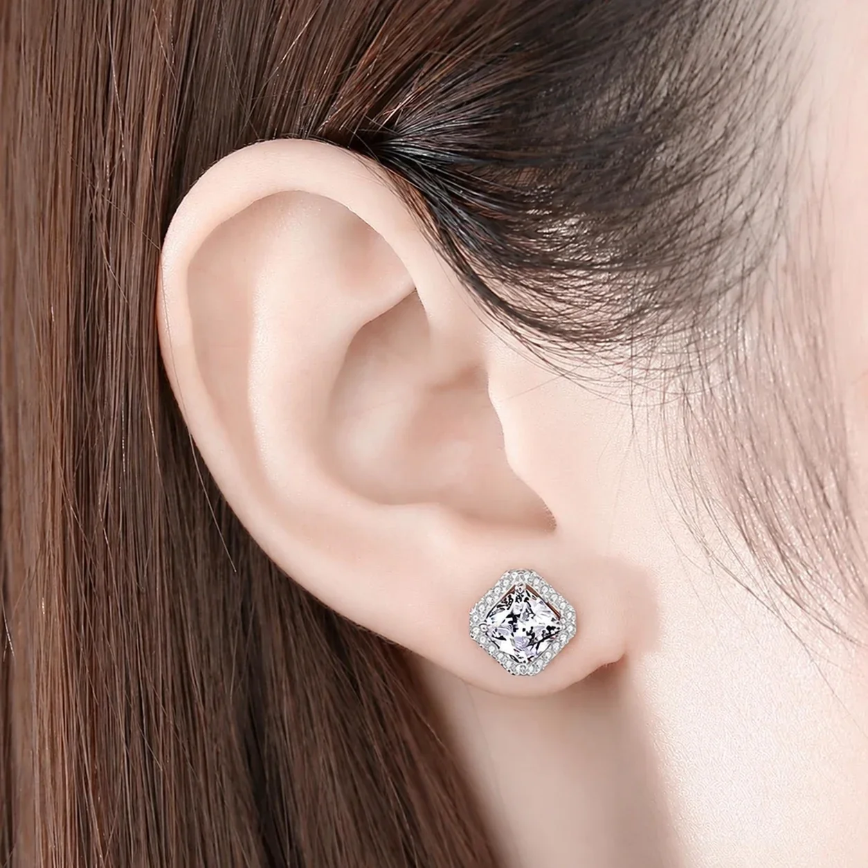 Radiant Halo Four-Prong 925 Sterling Silver Stud Earrings