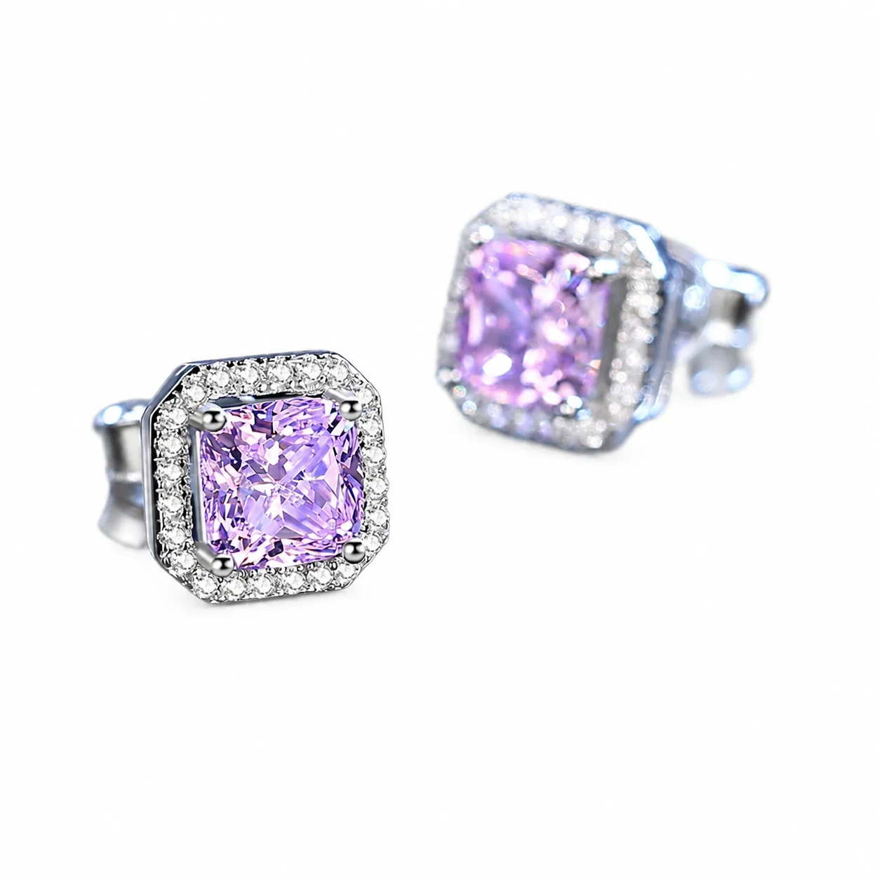Radiant Halo Four-Prong 925 Sterling Silver Stud Earrings - Pink