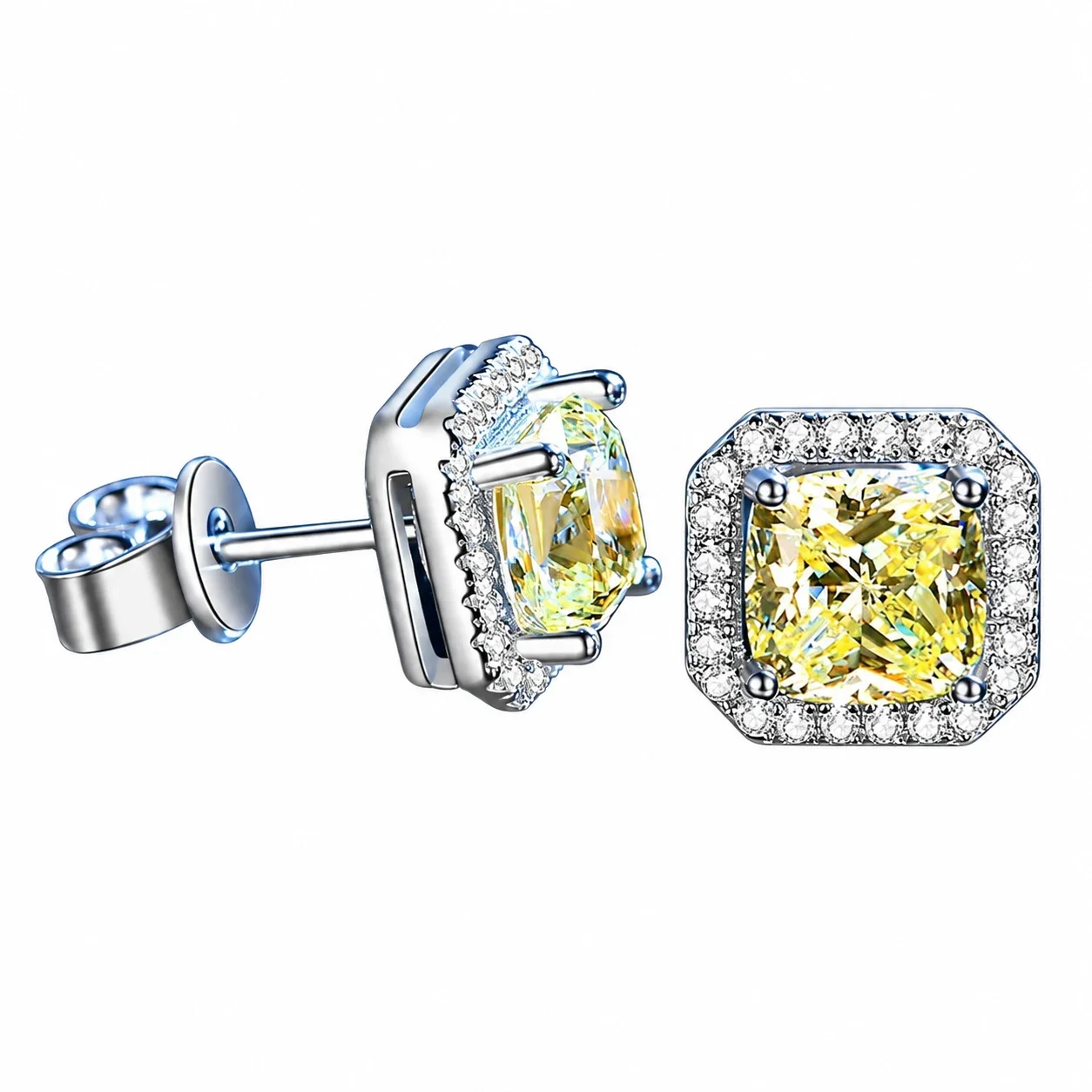 Radiant Halo Four-Prong 925 Sterling Silver Stud Earrings - Yellow