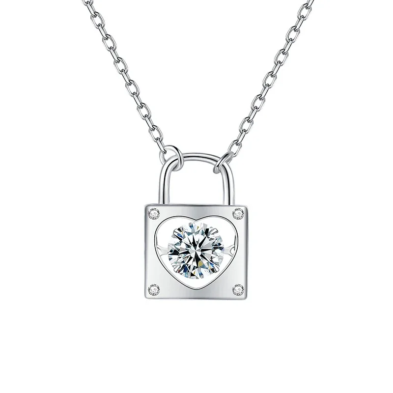 Polished 925 Sterling Silver Heart Lock Moissanite Necklace