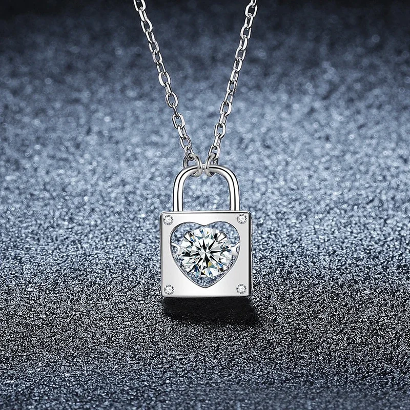 Polished 925 Sterling Silver Heart Lock Moissanite Necklace