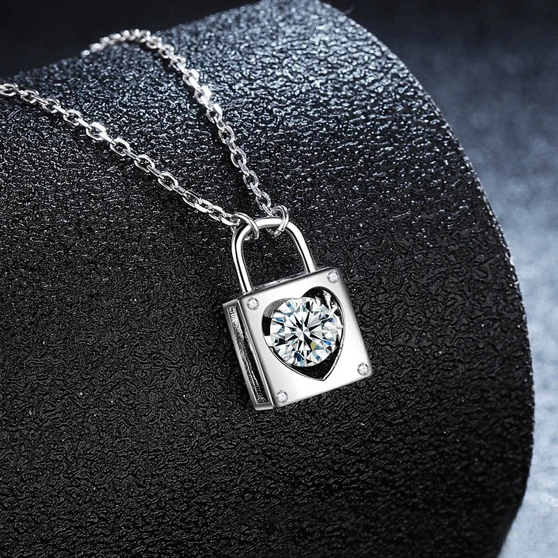 Polished 925 Sterling Silver Heart Lock Moissanite Necklace