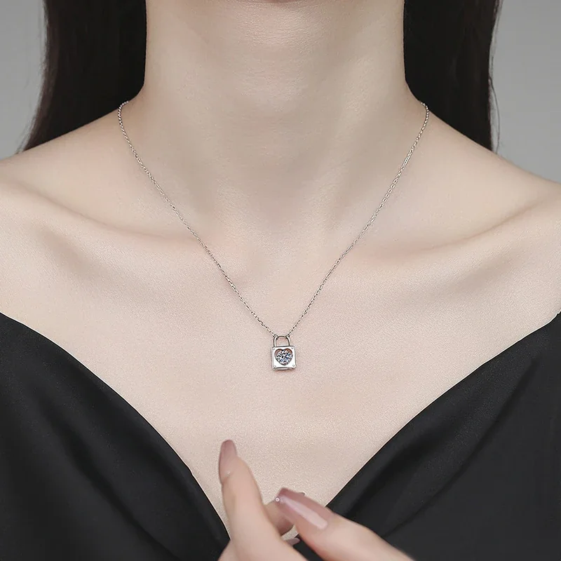 Polished 925 Sterling Silver Heart Lock Moissanite Necklace