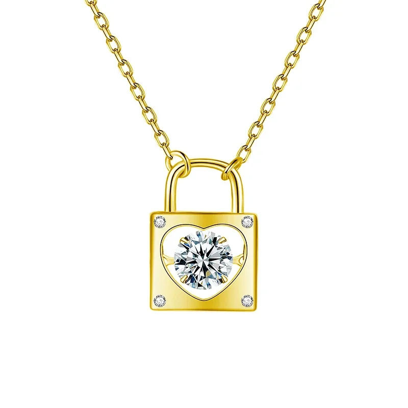 Polished 925 Sterling Silver Heart Lock Moissanite Necklace - Gold