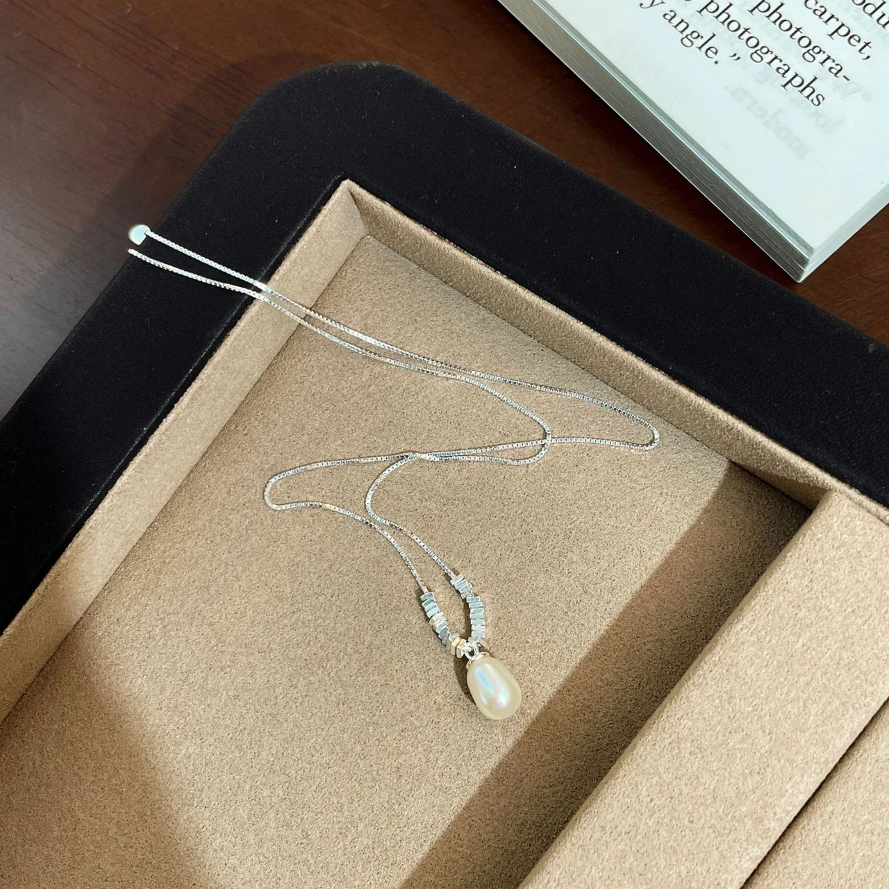 Delicate 925 sterling silver Barrel-Bead Pearl Drop Necklace