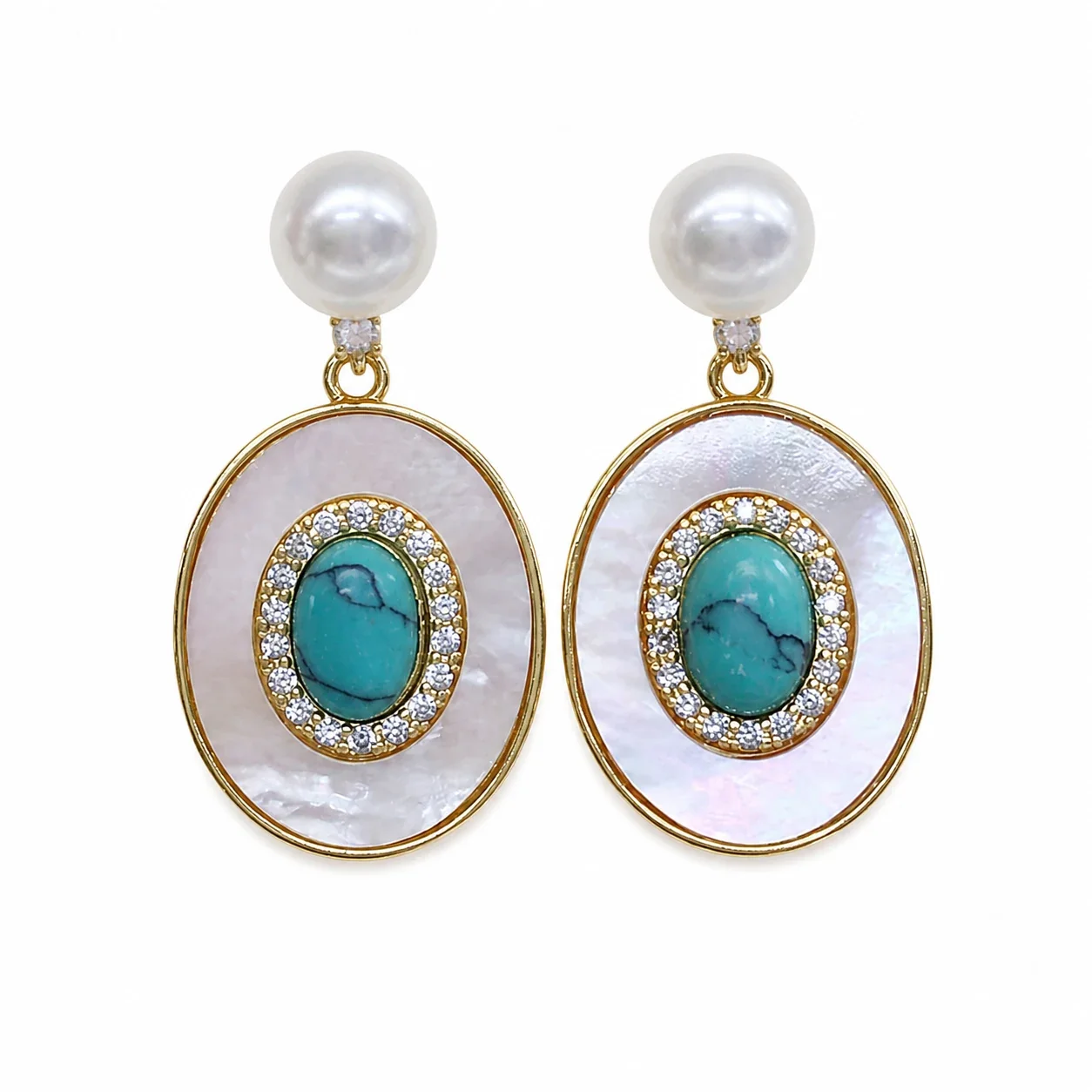 Ornate Gold-Plated Oval Shell Turquoise Freshwater Pearl Earrings
